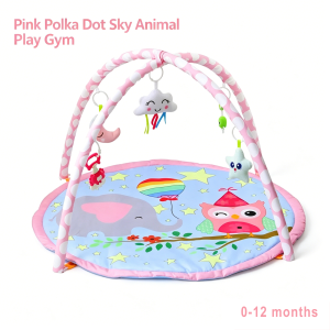 Tiny Paws Pink Dot Sky Theme Baby Play Gym &ndash; Soft Peach Skin Mat with 5 Sensory Toys (Model: 117)