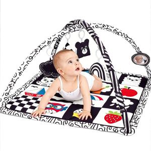Tiny Paws High Contrast Montessori Square Baby Play Gym &ndash; Black White Checker Mat with 5 Sensory Toys + Mirror (Model: ZL2307)