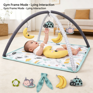 Tiny Paws Forest Banana Theme Square Baby Play Gym with Tummy Pillow &ndash; Soft Plush Mat with 5 Sensory Toys (Model: ZL2403)