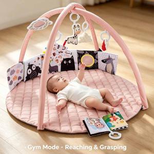 Tiny Paws 4-in-1 Pink Baby Play Gym with Detachable Bed Bumper &ndash; Round Quilted Mat with 6 Sensory Toys (Model: ZL2503-1)