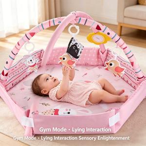 Tiny Paws 4-in-1 Hexagon Baby Play Gym with Tummy Time Pillow &ndash; Pink Forest Animal Theme (Model: ZL2601)