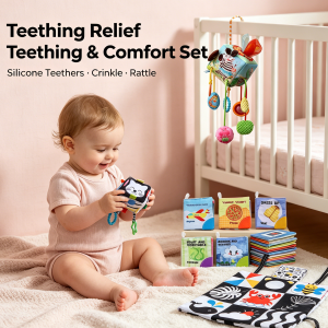 Tiny Paws Teething & Comfort Set &ndash; Silicone Teethers, Crinkle Books & Sensory Cube (4-in-1 Set)