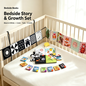 Tiny Paws Bedside Story & Growth Set &ndash; Black White & Colorful Crib Bumpers, Large Tail Cloth Book & 6 Mini Books